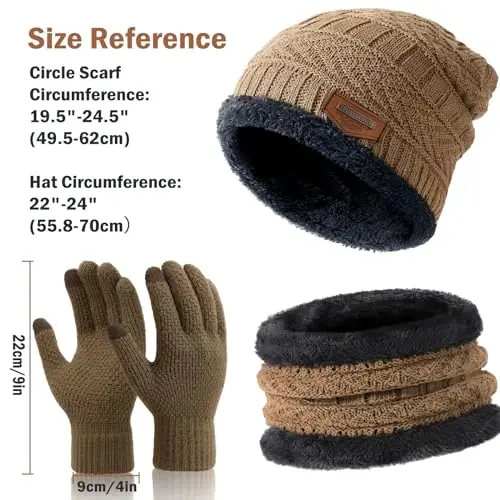 Trifabricy 3 Pcs Warm Fleece Lined Beanie Scarf Gloves Set for Women Men | Thick Fleece Lining Skull Cap Neck Warmer, Touchscreen Gloves, Soft Stretchy Knit , 3‑In‑1 Winter Accessory Set for Women Men - 3