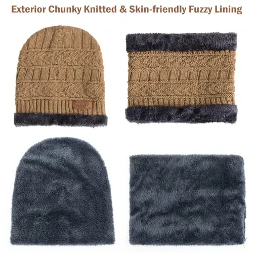 Trifabricy 3 Pcs Warm Fleece Lined Beanie Scarf Gloves Set for Women Men | Thick Fleece Lining Skull Cap Neck Warmer, Touchscreen Gloves, Soft Stretchy Knit , 3‑In‑1 Winter Accessory Set for Women Men - 4