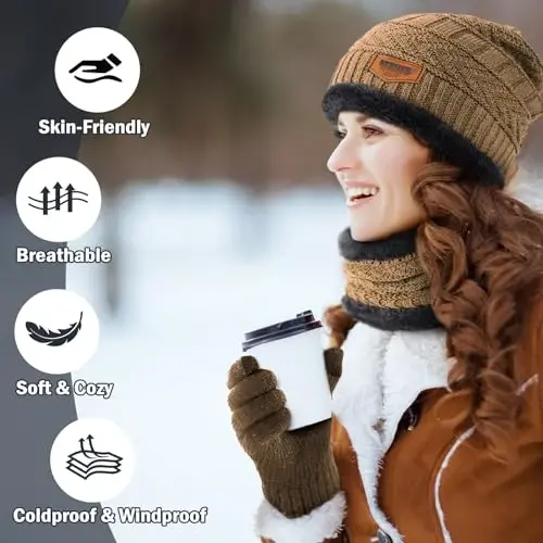 Trifabricy 3 Pcs Warm Fleece Lined Beanie Scarf Gloves Set for Women Men | Thick Fleece Lining Skull Cap Neck Warmer, Touchscreen Gloves, Soft Stretchy Knit , 3‑In‑1 Winter Accessory Set for Women Men - 6