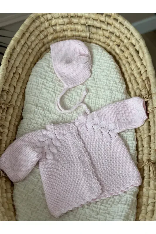 Triko Ajurli Bebek Hırka Va Şapka Seti - El Örgüsü-Pembe - FLORIJEE