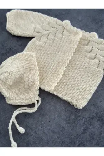 Triko Ajurli Bebek Hırka Va Şapka Seti - El Örgüsü-Sarı - 1