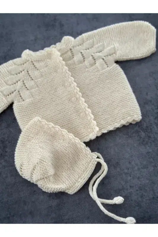 Triko Ajurli Bebek Hırka Va Şapka Seti - El Örgüsü-Sarı - 2