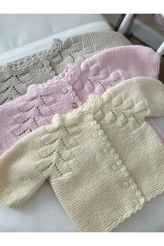 Triko Ajurli Bebek Hırka Va Şapka Seti - El Örgüsü-Sarı - 4