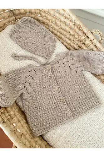 Triko Ajurlu Bebek Hırka Ve Şapka Seti Bej-Bej - 1