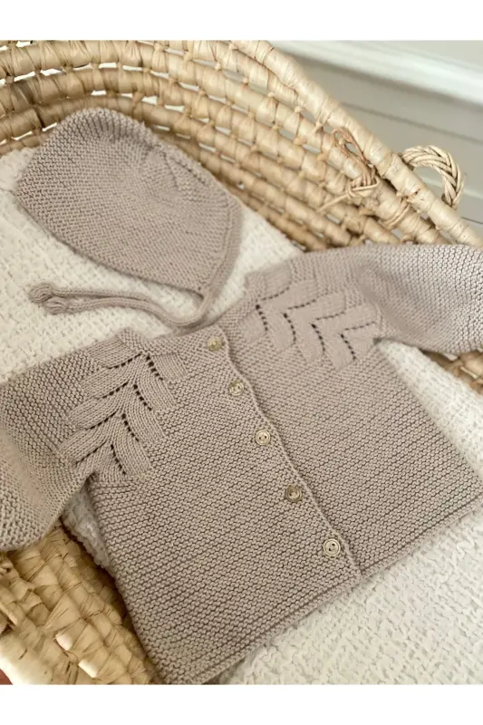 Triko Ajurlu Bebek Hırka Ve Şapka Seti Bej-Bej - 4