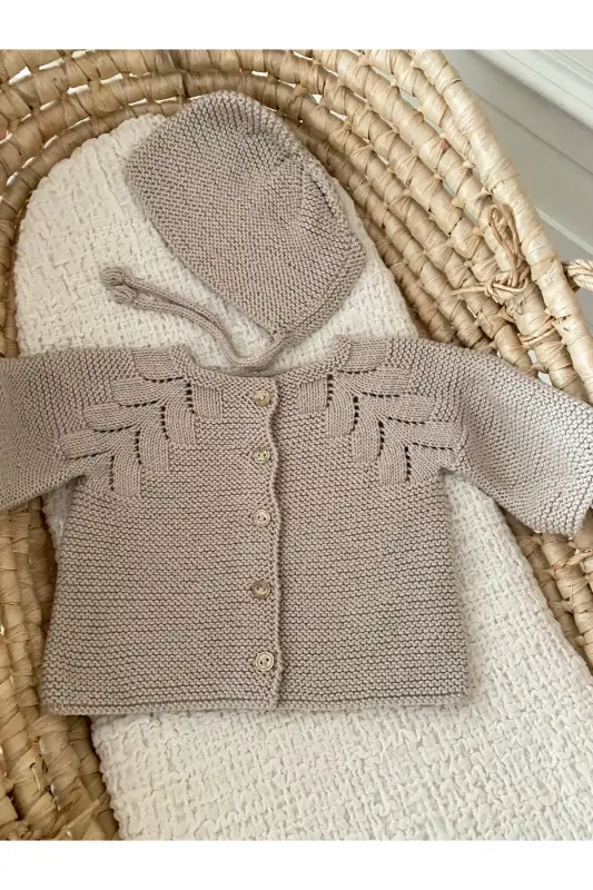 Triko Ajurlu Bebek Hırka Ve Şapka Seti Bej-Bej - 2