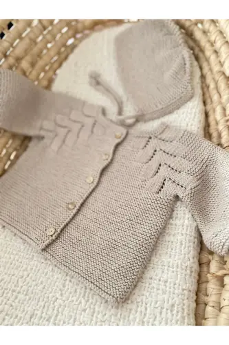 Triko Ajurlu Bebek Hırka Ve Şapka Seti Bej-Bej - 3