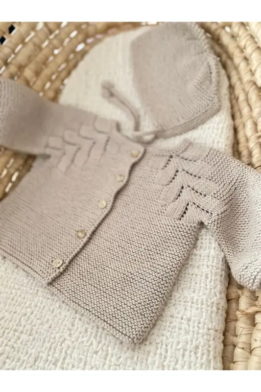 Triko Ajurlu Bebek Hırka Ve Şapka Seti Bej-Bej - 3