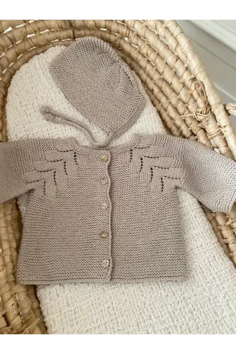 Triko Ajurlu Bebek Hırka Ve Şapka Seti Bej-Bej - FLORIJEE (1)