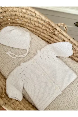 Triko Ajurlu Bebek Hırka Ve Şapka Seti Beyaz-Beyaz - 3