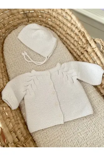 Triko Ajurlu Bebek Hırka Ve Şapka Seti Beyaz-Beyaz - 4