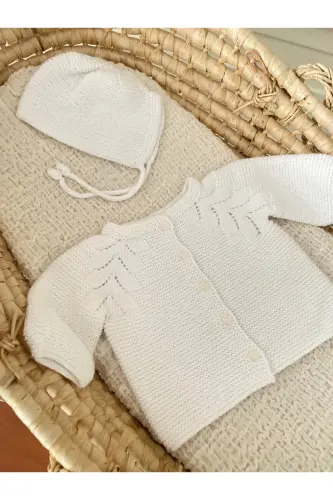 Triko Ajurlu Bebek Hırka Ve Şapka Seti Beyaz-Beyaz - 5