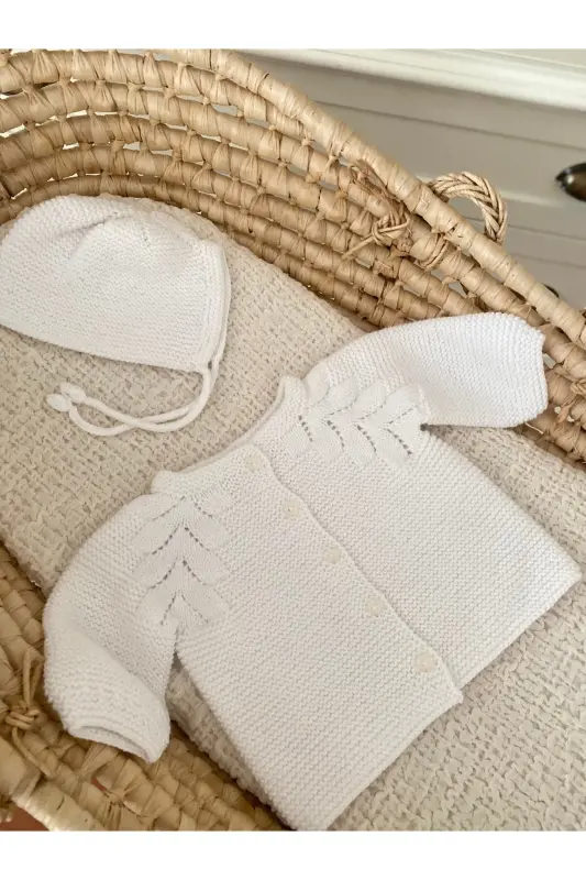 Triko Ajurlu Bebek Hırka Ve Şapka Seti Beyaz-Beyaz - 3