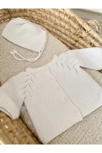 Triko Ajurlu Bebek Hırka Ve Şapka Seti Beyaz-Beyaz - FLORIJEE (1)