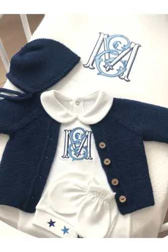 Triko Ajurlu Bebek Hırka Ve Şapka Seti - El Örgüsü-Lacivert - FLORIJEE (1)