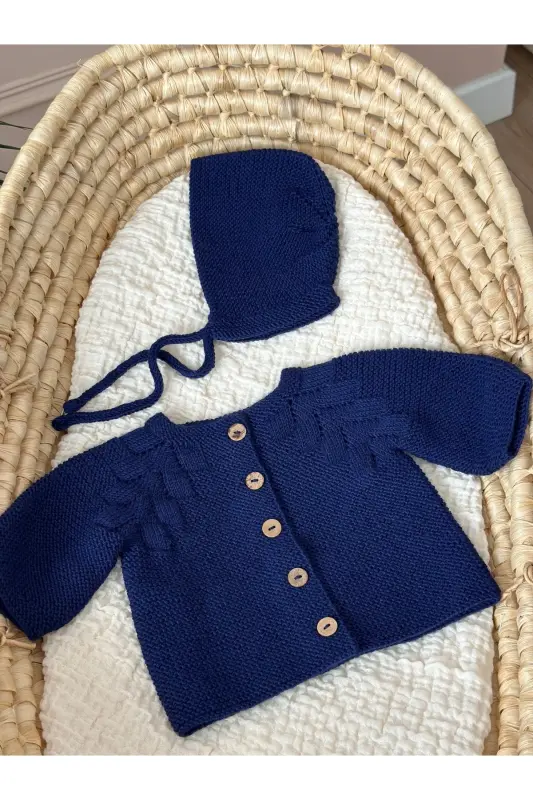 Triko Ajurlu Bebek Hırka Ve Şapka Seti - El Örgüsü-Lacivert - 1