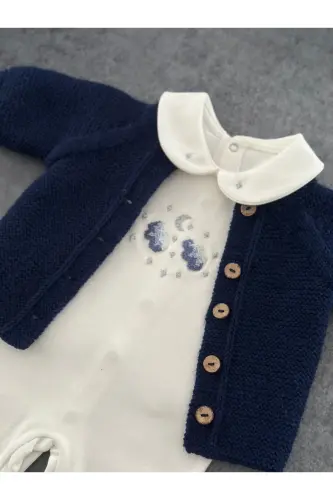 Triko Ajurlu Bebek Hırka Ve Şapka Seti - El Örgüsü-Lacivert - 3