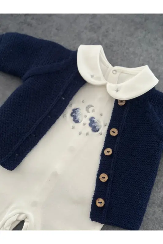 Triko Ajurlu Bebek Hırka Ve Şapka Seti - El Örgüsü-Lacivert - 3