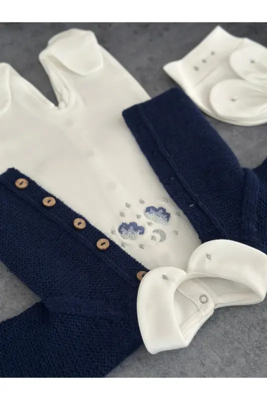 Triko Ajurlu Bebek Hırka Ve Şapka Seti - El Örgüsü-Lacivert - 4