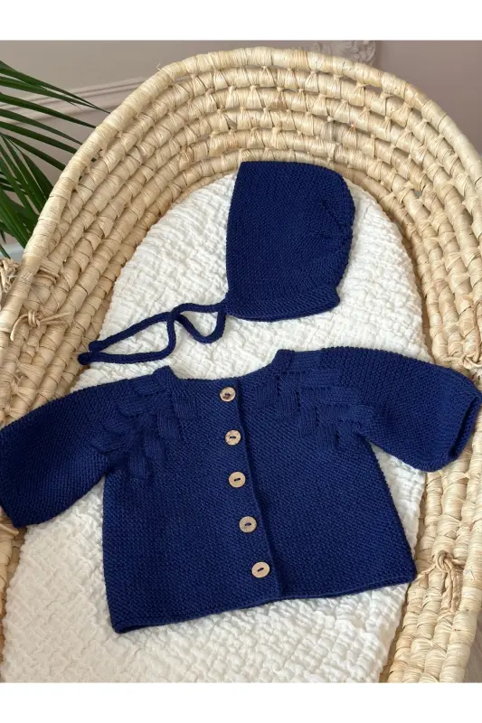 Triko Ajurlu Bebek Hırka Ve Şapka Seti - El Örgüsü-Lacivert - 5