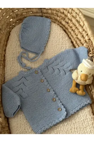 Triko Ajurlu Bebek Hırka Ve Şapka Seti - El Örgüsü-Mavi - FLORIJEE (1)