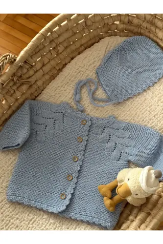 Triko Ajurlu Bebek Hırka Ve Şapka Seti - El Örgüsü-Mavi - 4