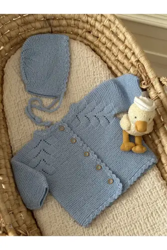 Triko Ajurlu Bebek Hırka Ve Şapka Seti - El Örgüsü-Mavi - 5