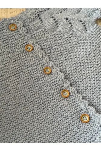 Triko Ajurlu Bebek Hırka Ve Şapka Seti - El Örgüsü-Mavi - 6