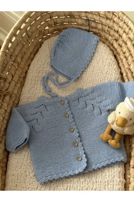 Triko Ajurlu Bebek Hırka Ve Şapka Seti - El Örgüsü-Mavi - 1