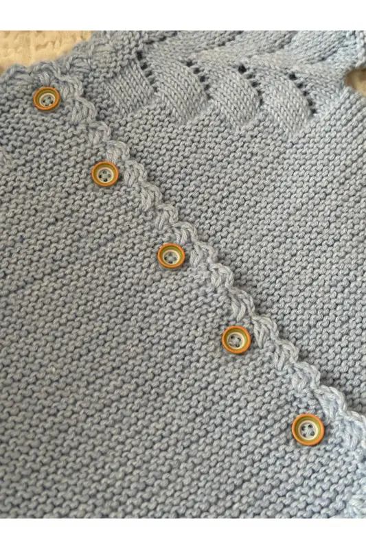 Triko Ajurlu Bebek Hırka Ve Şapka Seti - El Örgüsü-Mavi - 6