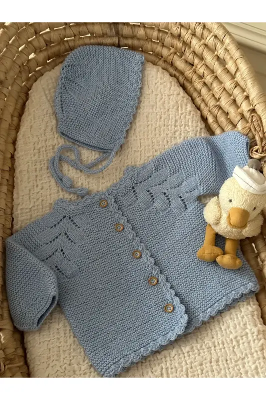 Triko Ajurlu Bebek Hırka Ve Şapka Seti - El Örgüsü-Mavi - 2