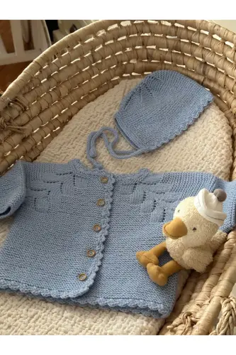 Triko Ajurlu Bebek Hırka Ve Şapka Seti - El Örgüsü-Mavi - 3