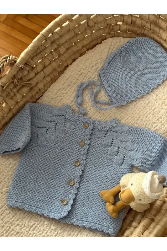 Triko Ajurlu Bebek Hırka Ve Şapka Seti - El Örgüsü-Mavi - 4