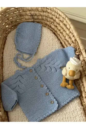 Triko Ajurlu Bebek Hırka Ve Şapka Seti - El Örgüsü-Mavi - 7