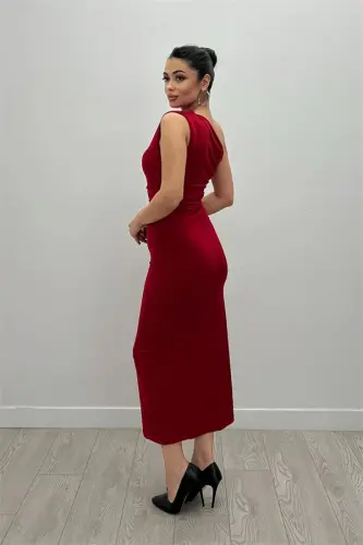 Triko bitta yelkali belini tortilgan tafsilotli midi ko'ylak - QIZIL - 5