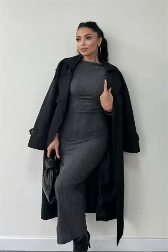 Triko Dokuma Kumaş Büzgü Detaylı Elbise - GRİ - 3