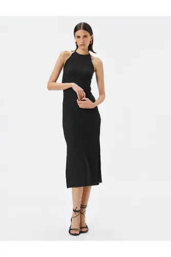 Strickkleid Midi Neckholder Schlitz - Schwarz - 1