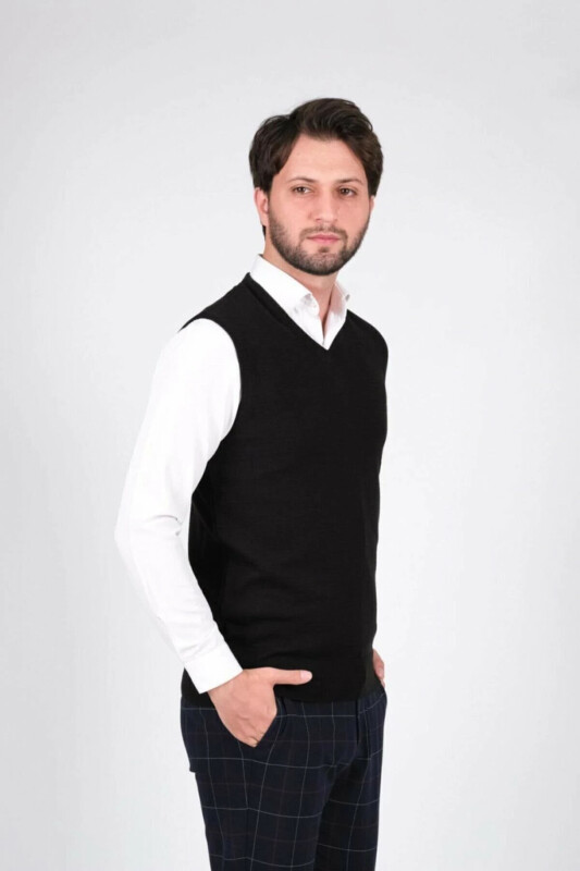 Triko Erkek Süeter V Yaka Düz Renk Bel Lastikli Kışlık Dokuma - SİYAH - GENEL MARKALAR