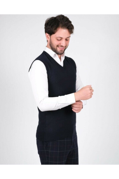 Triko Erkek Süeter V Yaka Düz Renk Bel Lastikli Kışlık Dokuma-LACİVERT 