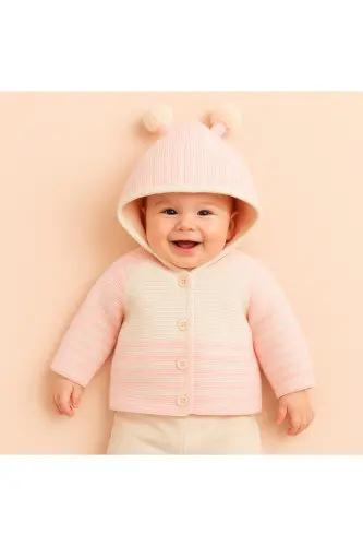 Triko Kapüşonlu Çift Katlı Kız - Erkek Bebek Hırka Mont-Bej - 1