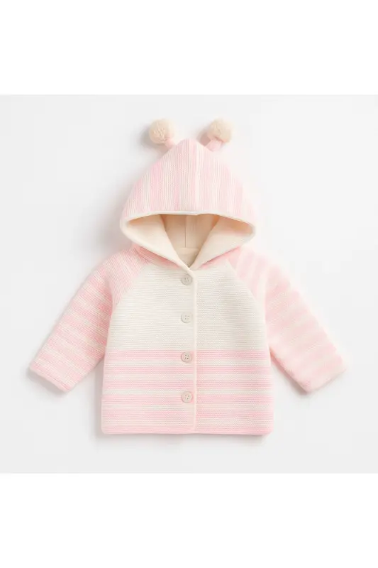 Triko Kapüşonlu Çift Katlı Kız - Erkek Bebek Hırka Mont-Bej - 3