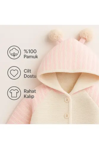 Triko Kapüşonlu Çift Katlı Kız - Erkek Bebek Hırka Mont - Bej-Pembe Çizgili - MYZİ STORE (1)