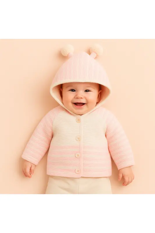 Triko Kapüşonlu Çift Katlı Kız - Erkek Bebek Hırka Mont-Bej - MYZİ STORE