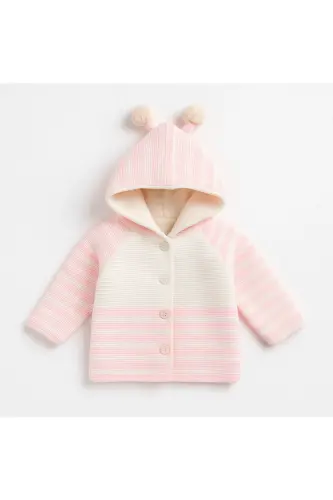 Triko Kapüşonlu Çift Katlı Kız - Erkek Bebek Hırka Mont-Bej - 3