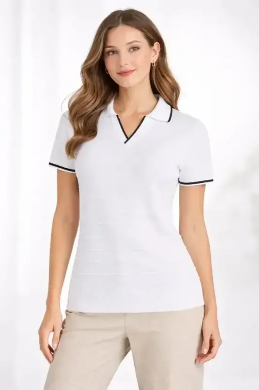 Triko Kumaş Yakalı Düğmesiz Açık Yaka Fitilli Kısa Kollu Regular Fit Tişört T-shirt - Beyaz - 4