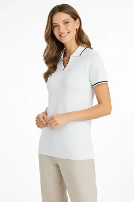 Triko Kumaş Yakalı Düğmesiz Açık Yaka Fitilli Kısa Kollu Regular Fit Tişört T-shirt - Beyaz - 2