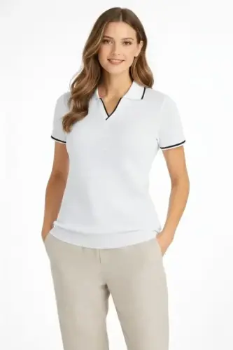 Triko Kumaş Yakalı Düğmesiz Açık Yaka Fitilli Kısa Kollu Regular Fit Tişört T-shirt - Beyaz - 3