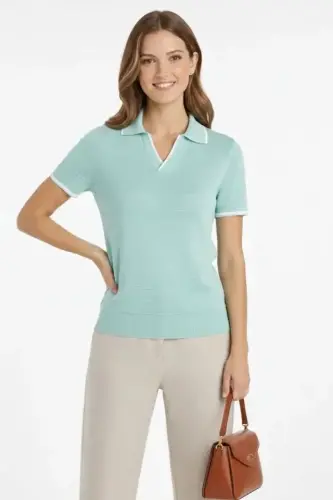 Triko Kumaş Yakalı Düğmesiz Açık Yaka Fitilli Kısa Kollu Regular Fit Tişört T-shirt - Mint Yeşili - 1