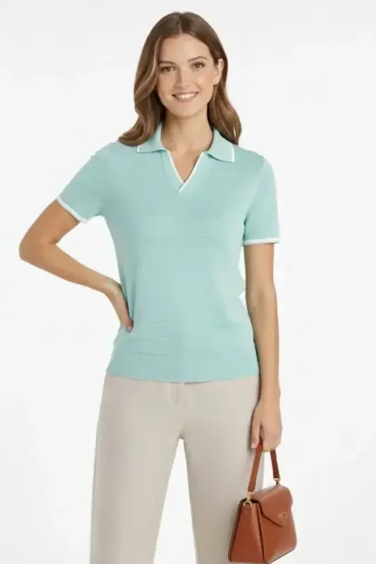 Triko Kumaş Yakalı Düğmesiz Açık Yaka Fitilli Kısa Kollu Regular Fit Tişört T-shirt - Mint Yeşili - BÜYÜKBEDENIZ