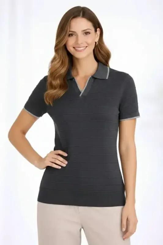 Triko Kumaş Yakalı Düğmesiz Açık Yaka Fitilli Kısa Kollu Regular Fit Tişört T-shirt - Siyah - 3